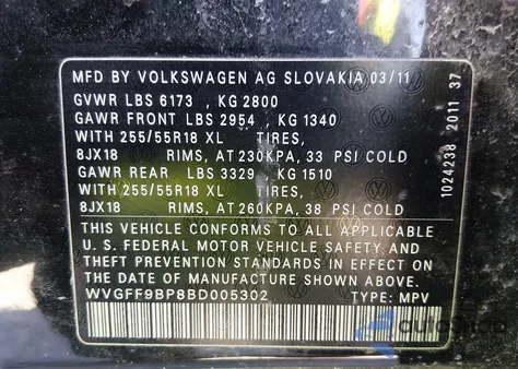 2011 Volkswagen Touareg Vr6 Sport из США, поврежденный, VIN WVGFF9BP8BD005302